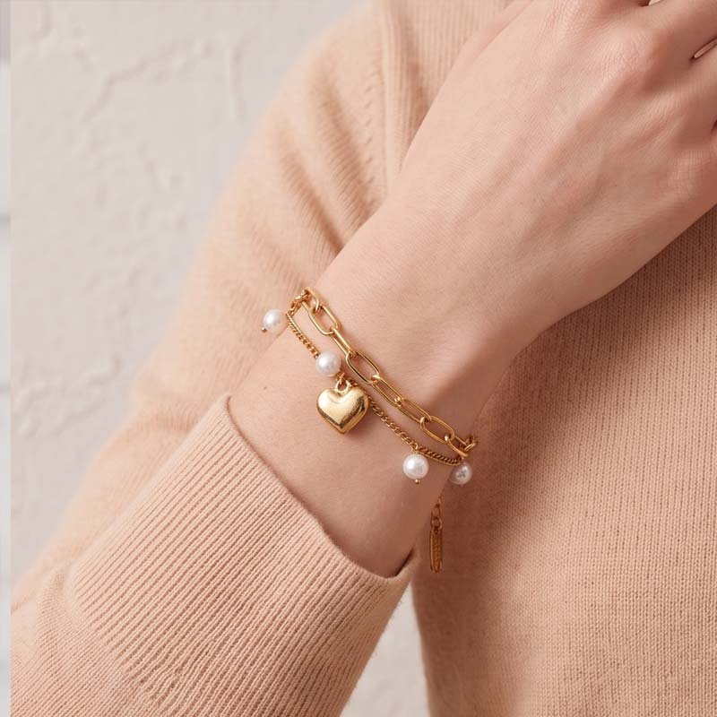 golden heart pearl layered bracelet golden heart pearl layered bracelet
