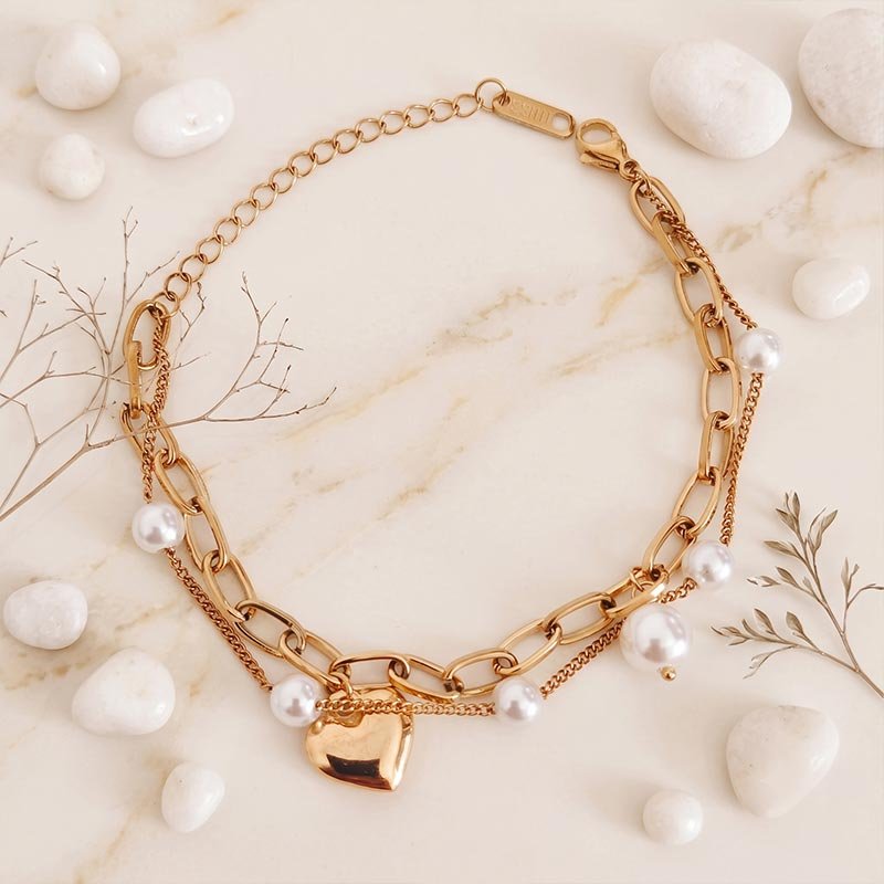 golden heart pearl layered bracelet golden heart pearl layered bracelet