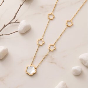 multi clover pearl layered anti tarnish gold necklace
