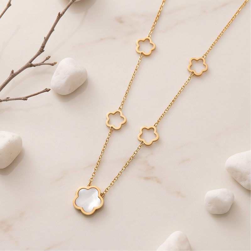 multi clover pearl layered anti tarnish gold necklace multi clover pearl layered anti tarnish gold necklace