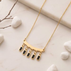 black enamel bar fringe anti tarnish gold necklace