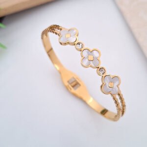 triple clover pearl crystal anti tarnish gold bangle